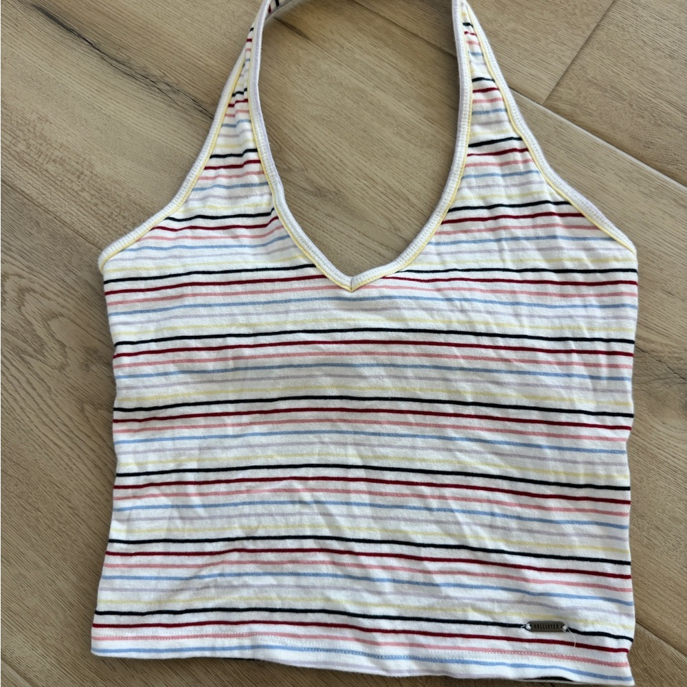 Hollister Striped V-Neck Halter Crop Top - White Multicolor